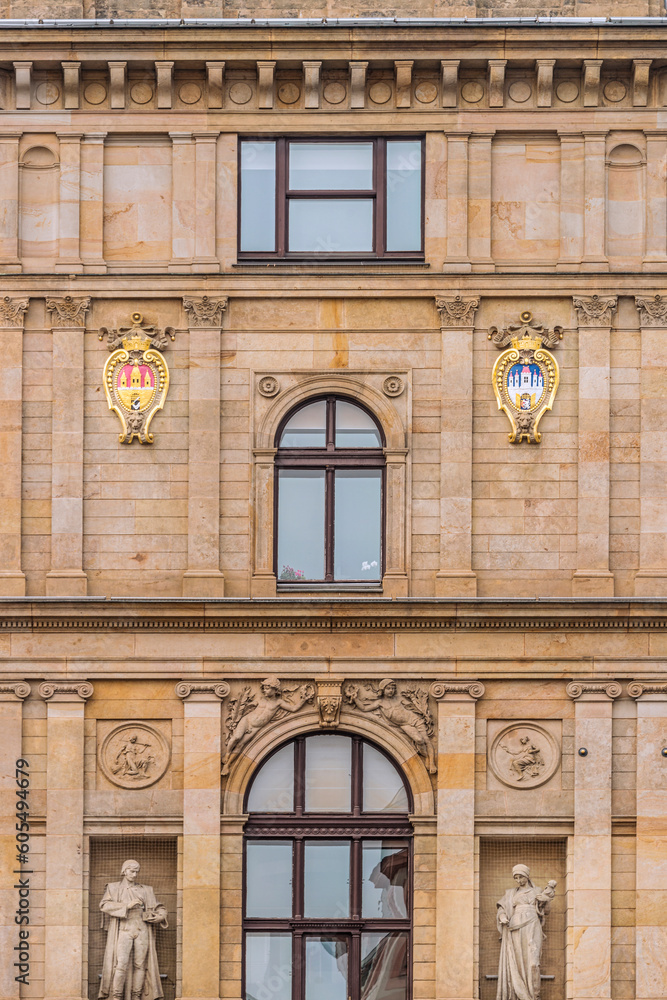 Facade of ancients buildings from Century XIX in Prague, Czech Republic, 2018