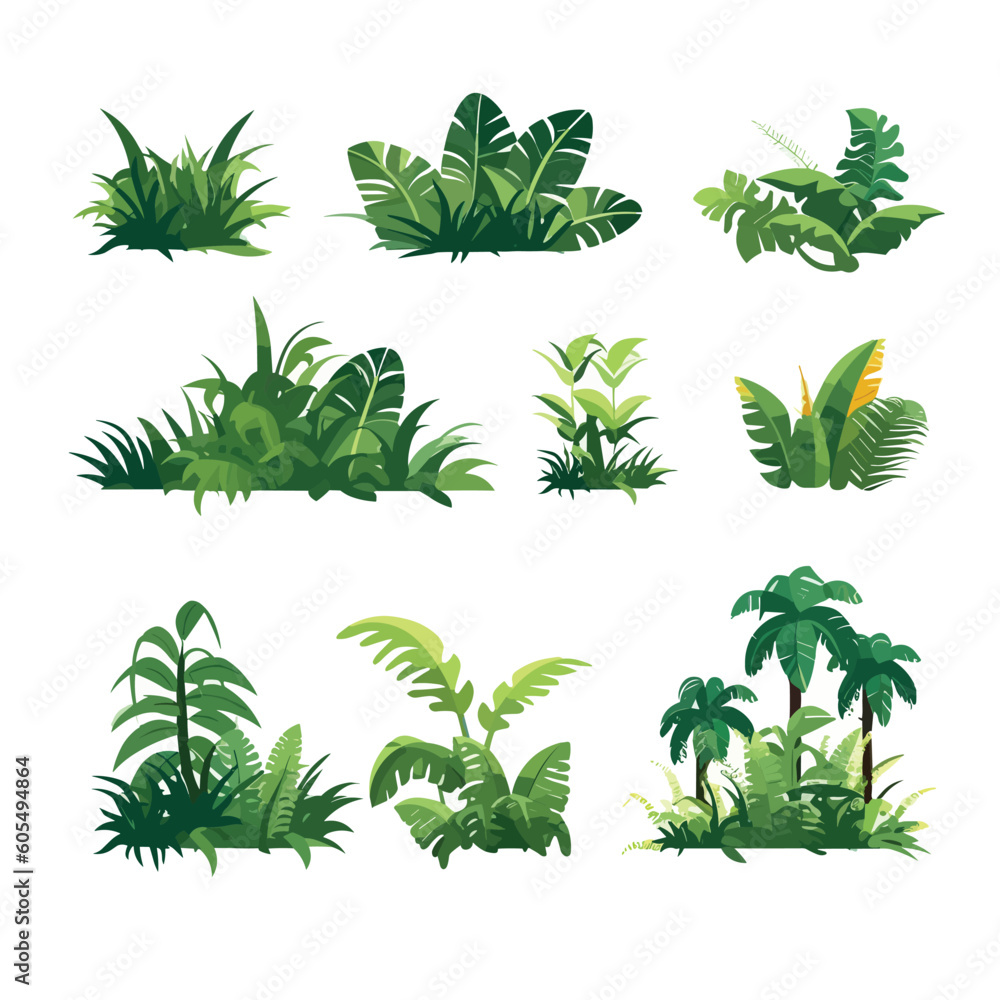 Jungle vegetation set vector isolated - obrazy, fototapety, plakaty 