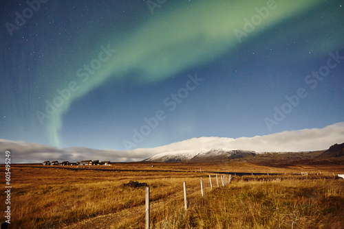 Northern Lights (Aurora Borealis) over countryside around the village of Hellnar, in Snaefellsjokull National Park, on the Snaefellsnes peninsula, west coast of Iceland, Polar Regions photo