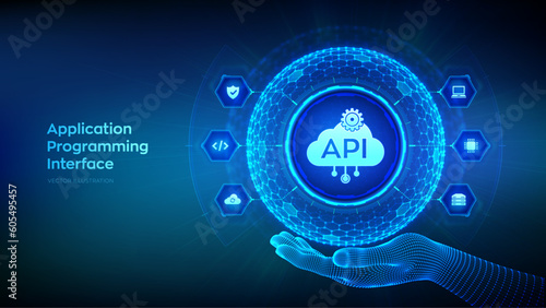 API. Application Programming Interface in the shape of sphere with hexagon grid pattern in wireframe hand. Software development tool, cloud computing technology concept. Vector illustration.