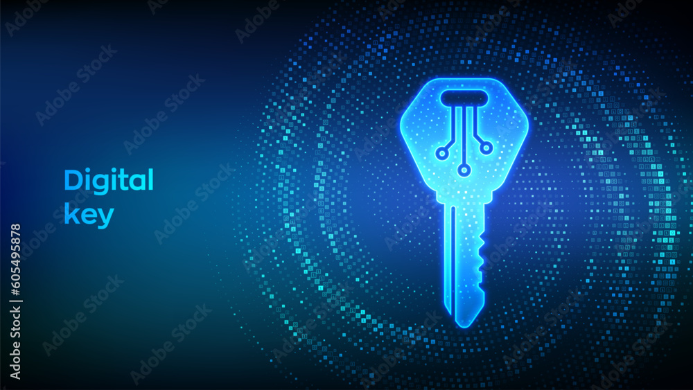 Digital key. Electronic key icon made with binary code. Cyber security and access background. Virtual tunnel warp made with digital code. Data Flow. Vector Illustration. Digital key. Electronic key icon made with binary code. Cyber security and access background. Virtual tunnel warp made with digital code. Data Flow. Vector Illustration.