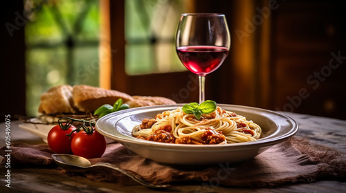 spaghetti and wine. Typical italian food. Image Generative AI.