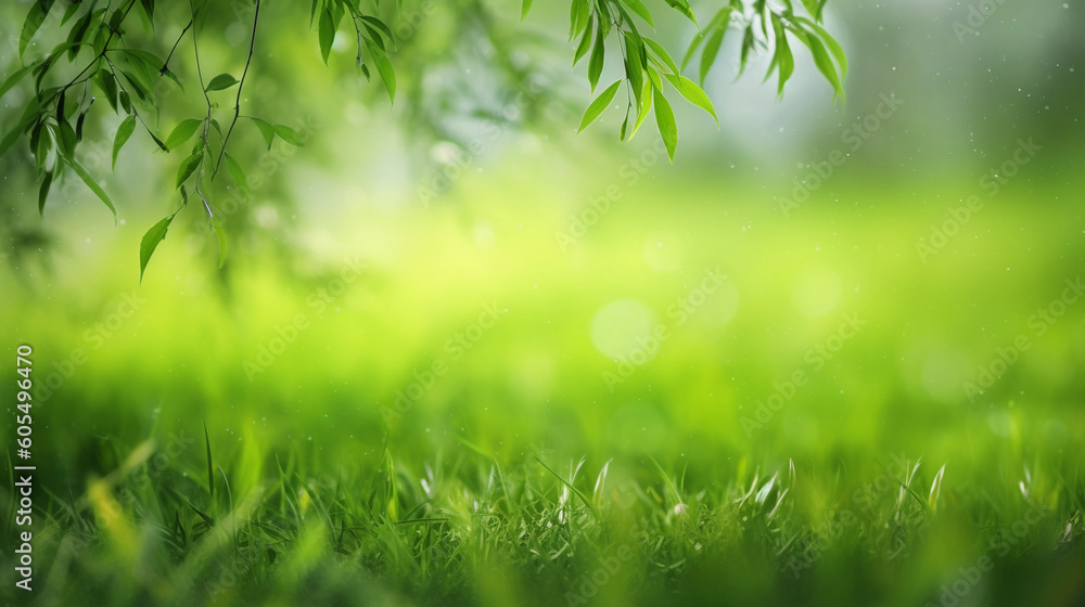 Nature of Green Grass on beautiful Greenery bokeh background and copy space for text. Using as environment ecology cover page. Generative Ai Nature of Green Grass on beautiful Greenery bokeh background and copy space for text. Using as environment ecology cover page. Generative Ai