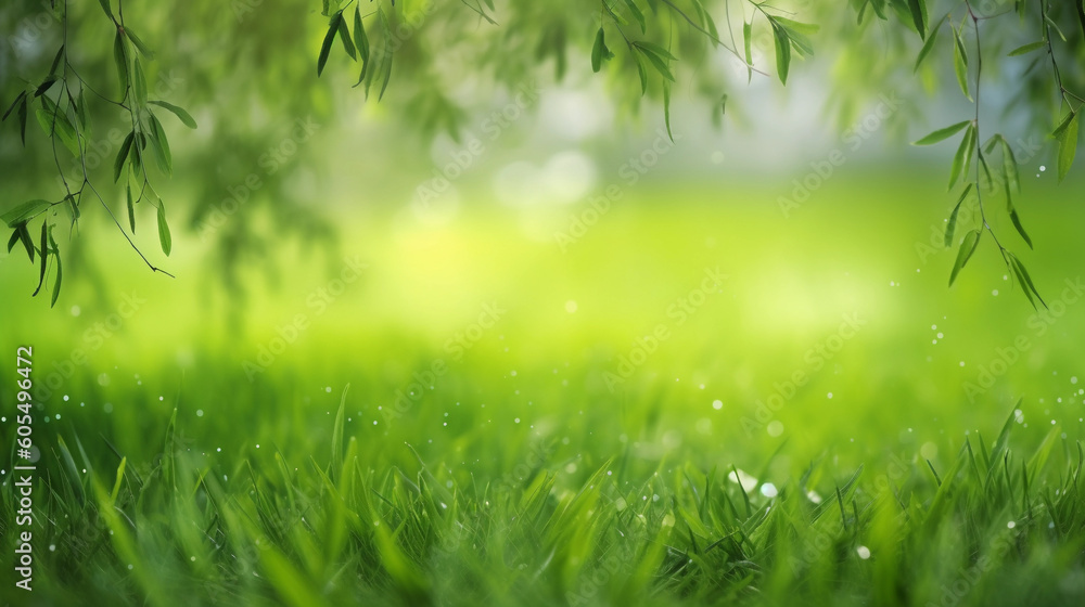 Nature of Green Grass on beautiful Greenery bokeh background and copy space for text. Using as environment ecology cover page. Generative Ai Nature of Green Grass on beautiful Greenery bokeh background and copy space for text. Using as environment ecology cover page. Generative Ai