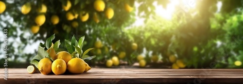 golden hour lemon citrus fruits on wooden table with trees field on morning sunshine background with copyspace area
