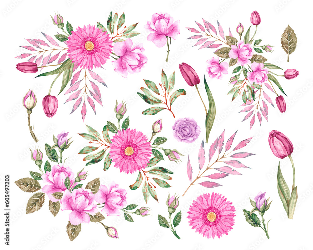 Watercolor set of pink flowers and bouquets on a white background