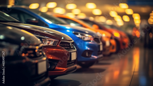 Abstract background of blurred new cars dealership place  Generative AI photo