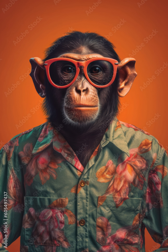 close up of a monkey in a Bermuda shirt and sunglasses close up of a monkey in a Bermuda shirt and sunglasses