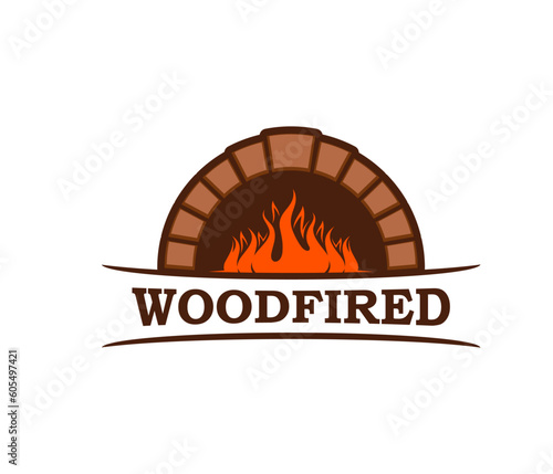 Fireplace, firewood chimney and hearth icon with fire flames on wood, vector hot oven furnace symbol. Pizza, food restaurant or grill bar and bakery sign of fireplace and firewood with chimney