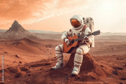 Astronaut in a white space suit sitting on a rock on mars playing the guitar