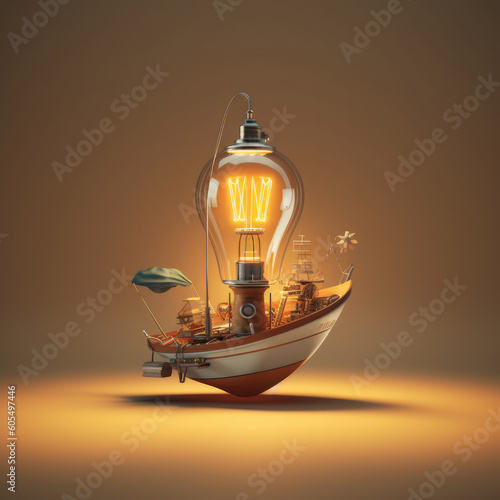 Creative ligh tbulb illustration of a lighthouse boat