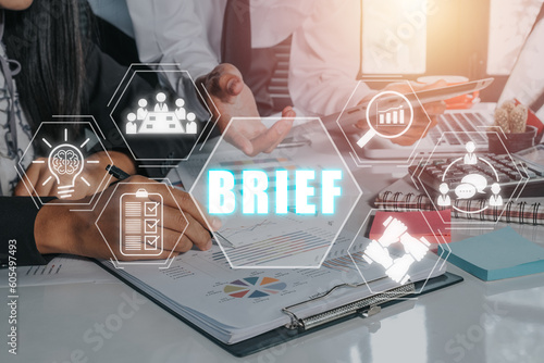 Tablou pe pânză Briefing of business plan concept, Business team people meeting and tech to discuss and brief work the solution and innovation on desk, collaboration, brainstorming, meeting