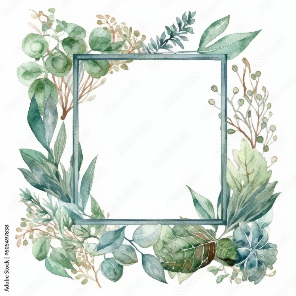 A square frame on white background with watercolor floral elements. Generative AI. 