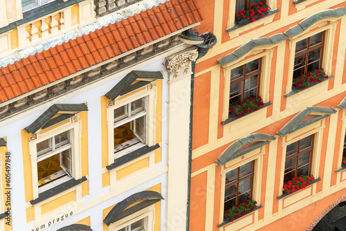Detail of facades of houses at Old Town Square, Old Town, UNESCO World Heritage Site, Prague, Bohemia, Czech Republic (Czechia), Europe