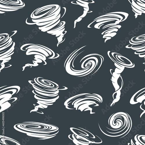 Tornado, hurricane, cyclone seamless pattern. Windstorm twirl, storm and blizzard air vortex vector seamless background. Fabric prnt and wrapping paper print with tornado wind twister