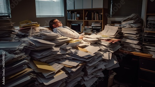 Bureaucratic Fatigue: Unveiling the Stressed Reality of a Tired Businessman Amidst Paperwork Chaos, generative ai