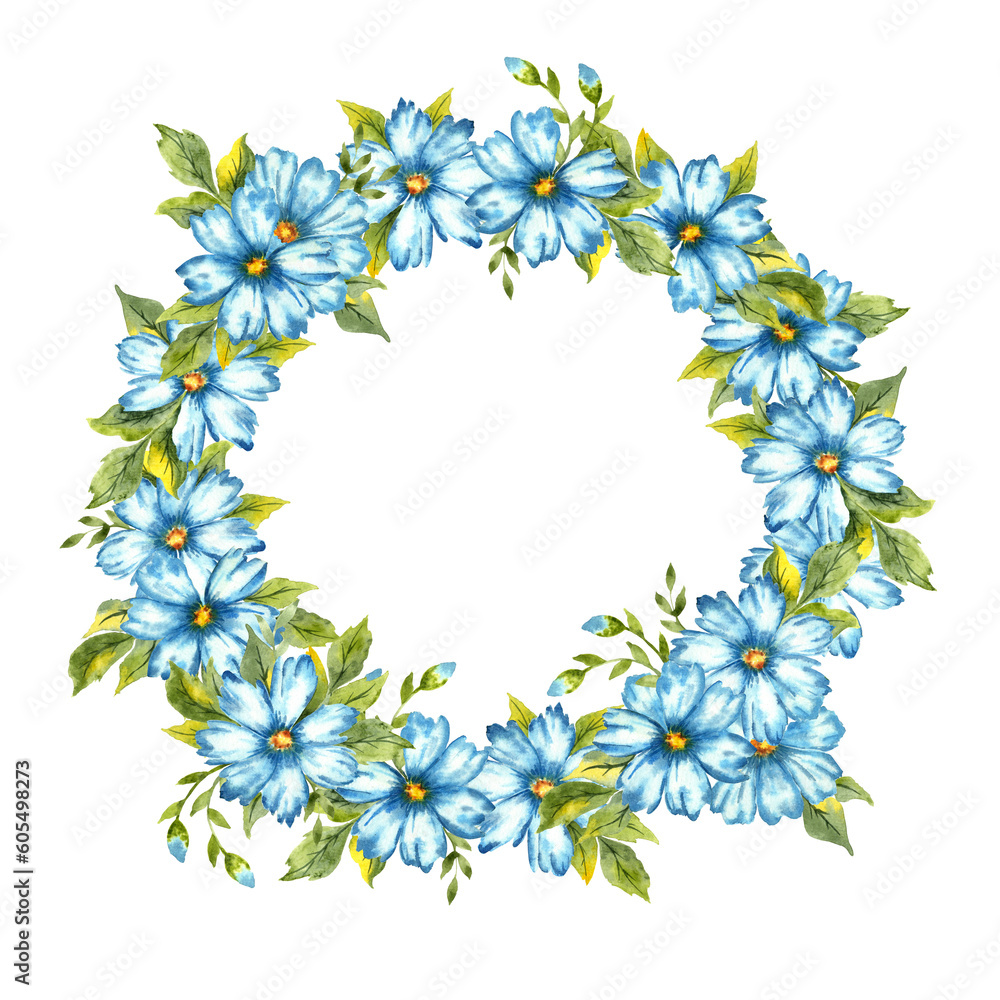 Watercolor illustration of a wreath of blue flowers with buds. Colors indigo, cobalt sky blue and classic blue Great pattern for kitchen home decor stationery wedding invitations and clothing printing Watercolor illustration of a wreath of blue flowers with buds. Colors indigo, cobalt sky blue and classic blue Great pattern for kitchen home decor stationery wedding invitations and clothing printing