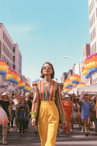 lgbtq+ community during pride parade celebrating pride month with colorful retro backgrounds © MaryAnn