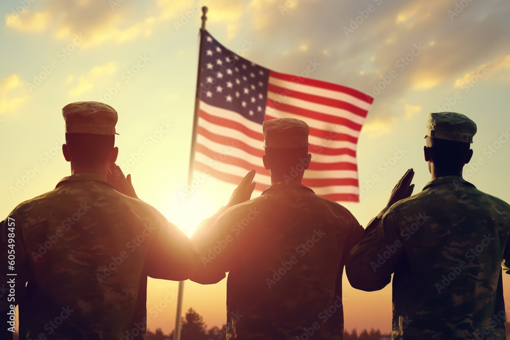 Group or army soldiers salute and honor the USA american flag, memorial day to remember war victims Group or army soldiers salute and honor the USA american flag, memorial day to remember war victims