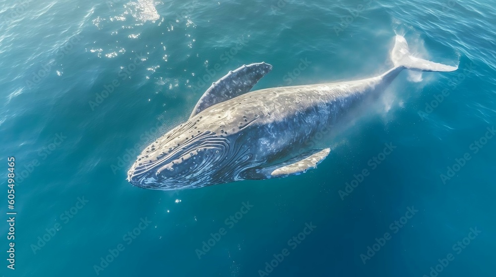 Fototapeta premium Aerial view of Gray Whale in Pacific ocean near Mexican shore, Baja California Sur, Mexico generative ai variation 3
