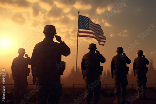 Group or army soldiers salute and honor the USA american flag, memorial day to remember war victims