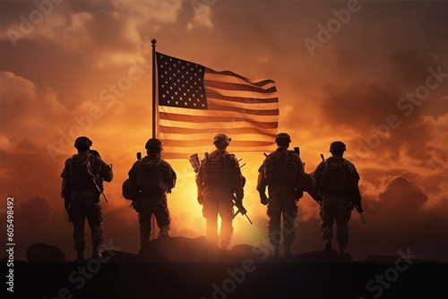 Group or army soldiers salute and honor the USA american flag, memorial day to remember war victims