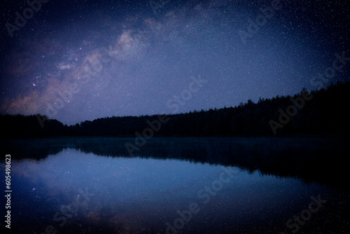 Amazing starry sky and trees reflecting in lake at night