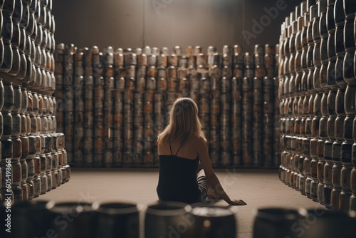 A woman sitting alone surrounded by empty beer bottles, concept of Solitude, created with Generative AI technology photo