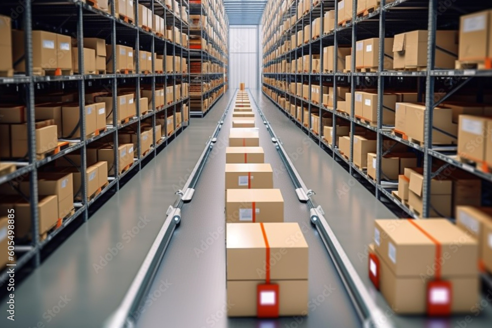 Logistics Warehouse automated Storage and packages retrieval systems, concept of smart technology inventory management conveyor systems, computer vision technology