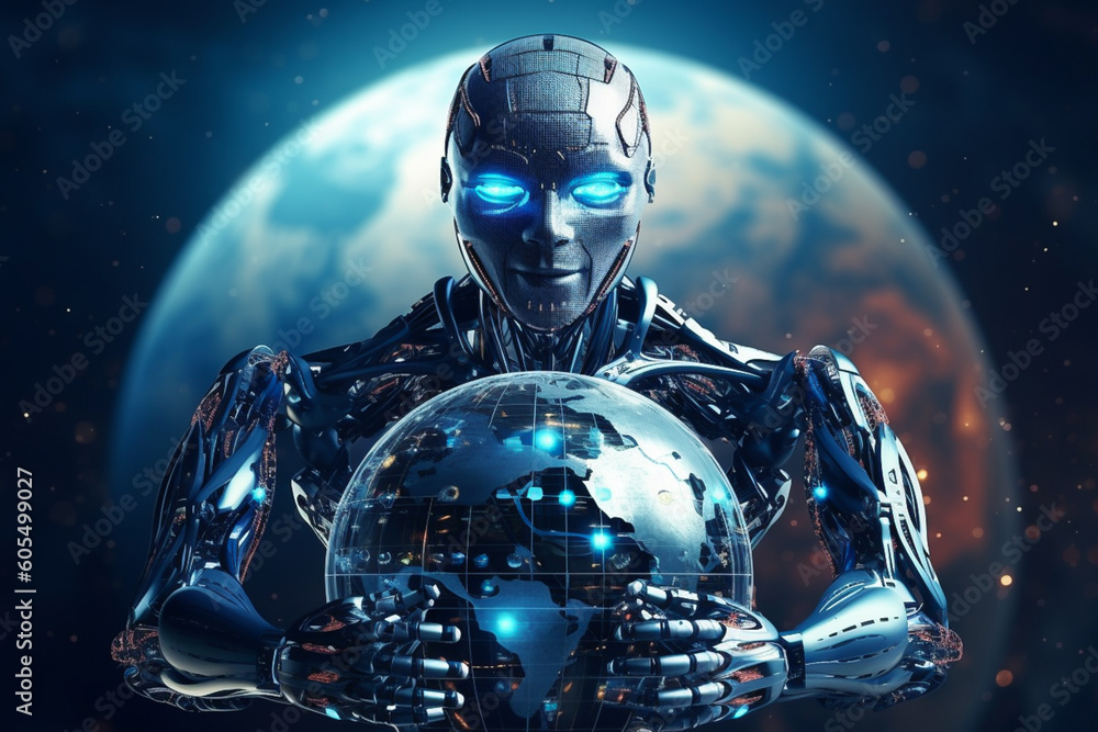 Humanoid Cyborg Robot With Planet Earth Concept Of Artificial