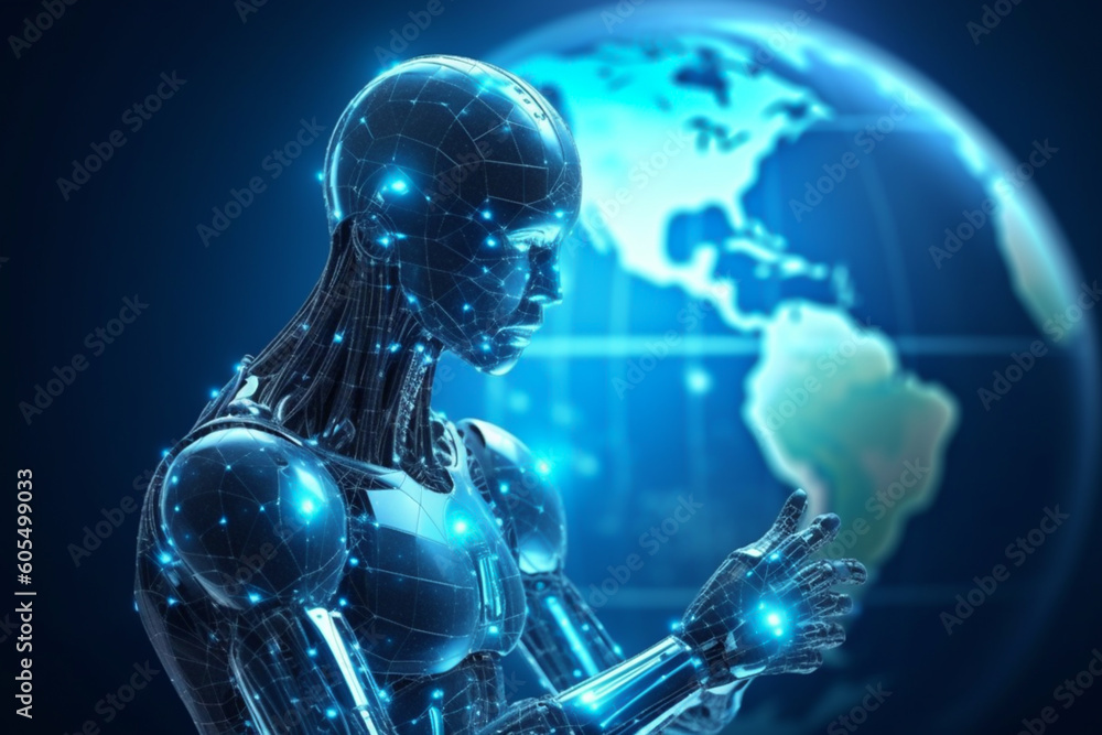 Humanoid cyborg robot with planet earth, concept of artificial intelligence and advanced technology taking over, ai