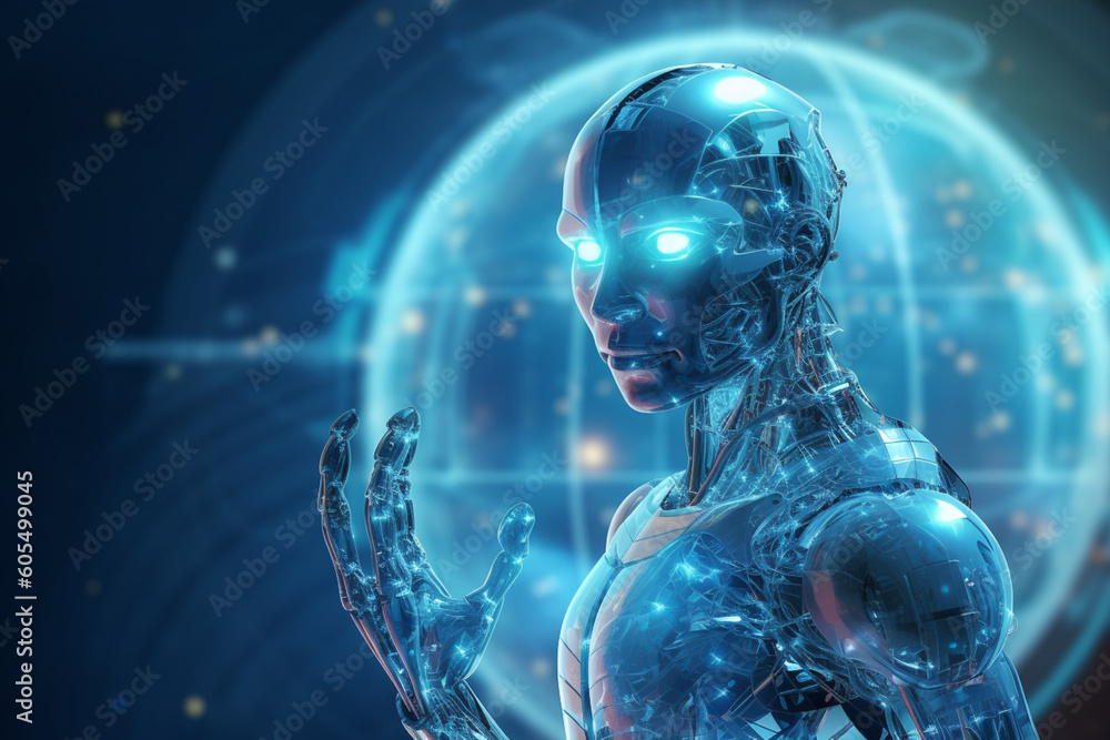 Humanoid cyborg robot with planet earth, concept of artificial intelligence and advanced technology taking over, AI Humanoid cyborg robot with planet earth, concept of artificial intelligence and advanced technology taking over, AI