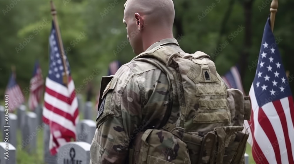 An American soldier. The flag of the USA. Soldiers of America Memorial Day. The United States Army. Veterans Day. generative ai An American soldier. The flag of the USA. Soldiers of America Memorial Day. The United States Army. Veterans Day. generative ai