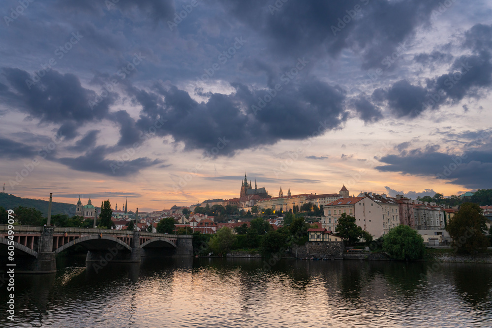 Prague Castle and Manes Bridge at dusk, Prague, Bohemia, Czech Republic (Czechia), Europe Prague Castle and Manes Bridge at dusk, Prague, Bohemia, Czech Republic (Czechia), Europe