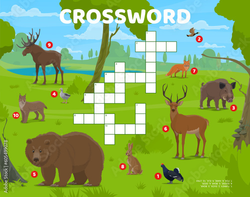 Crossword quiz game grid. Cartoon hunting forest animals and birds. Educational vector worksheet for children with turkey  duck  boar and goose  bear  deer  fox  hare  elk and lynx in summertime wood