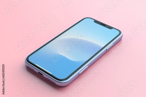 Mobile phone mockup with pastel blue screen, electronic mobile device isolated on colorful pastel background. Modern technology concept. Digital illustration created with generative ai