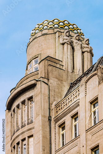 Koruna Building. This landmark tower at the lower end of Wenceslas Square was designed by the architects Antonín Pfeiffer and Matej Blecha and constructed in 1914. Prague. 2018 photo
