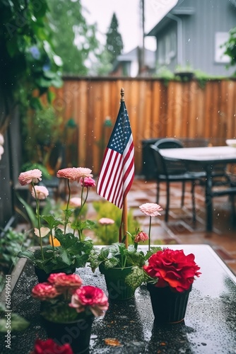 American flag near the house in honor of Memorial Day, July 4, Labor Day. Independence Day. rainy weather. generative ai