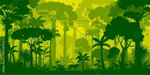 Jungle forest silhouette, rainforest background. Amazon forest scenery, african or Brazil jungle environment vector backdrop, wallpaper with palm trees, lianas, jaguar and elephant animals silhouettes