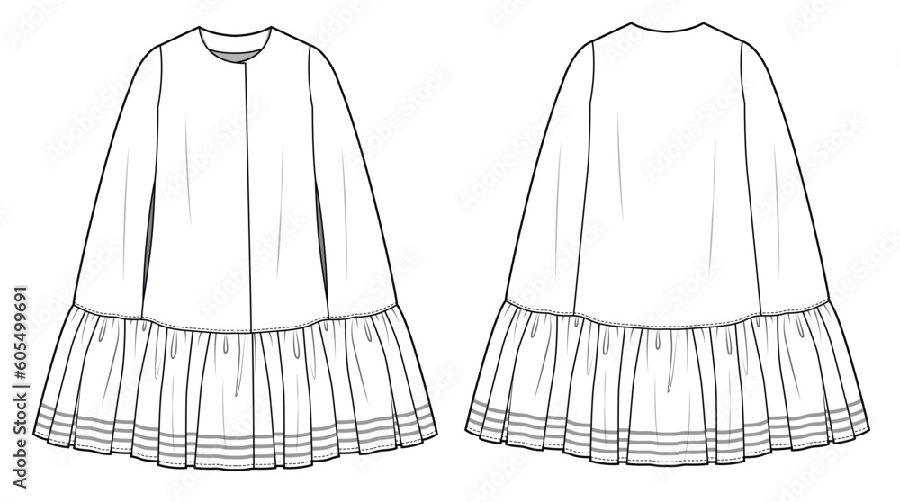 Cape dress front and back view flat sketch vector illustration mockup template. Cape dress front and back view flat sketch vector illustration mockup template.