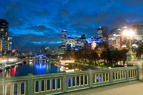 Both banks of Yarra River, including well-known Southbank, in City of Melbourne at twillight, Victoria, Australia, Pacific photo