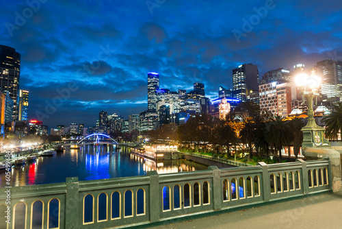 Both banks of Yarra River, including well-known Southbank, in City of Melbourne at twillight, Victoria, Australia, Pacific