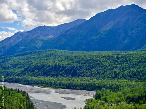The rugged mountain and lush thick forests in the Matanuska Valley and near the Matanuska glacier in Alaska