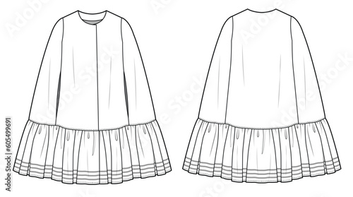 Cape dress front and back view flat sketch vector illustration mockup template.