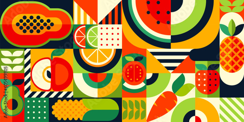 Fruits Bauhaus, modern geometric pattern background, vector food tile in abstract geometry. Bauhaus swiss or Scandinavian pattern of geometric mosaic papaya, orange, apple or avocado and carrot