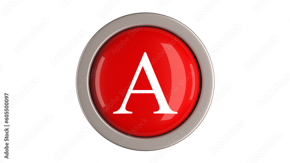 Red Button 3d with letter A white color on top, 3d button PNG isolated white background Red Button 3d with letter A white color on top, 3d button PNG isolated white background