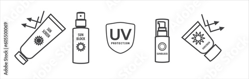 Sunscreen icon set. Simple scincare to summer, sunblock and sunscreen icon vector illustration.