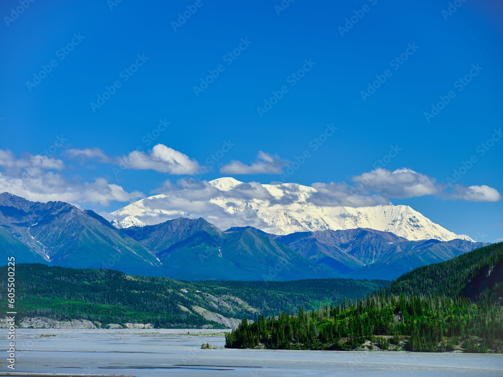 Snow covered mountains of the Wrangell-St Elias mountain range as the background to the Copper River near Chitina Alaska Snow covered mountains of the Wrangell-St Elias mountain range as the background to the Copper River near Chitina Alaska