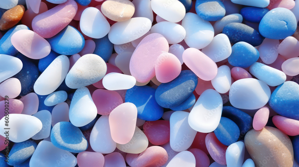 Radiant Shores: Transparent and Shining Pebbles on a Summer Beach, Generative AI
