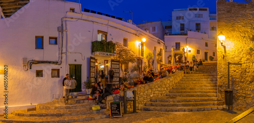 View of restaurants and bars in Dalt Vila at dusk, UNESCO World Heritage Site, Ibiza Town, Eivissa, Balearic Islands, Spain, Mediterranean, Europe